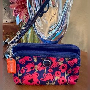Coach Floral Poppy Wristlet in Blue and Pink